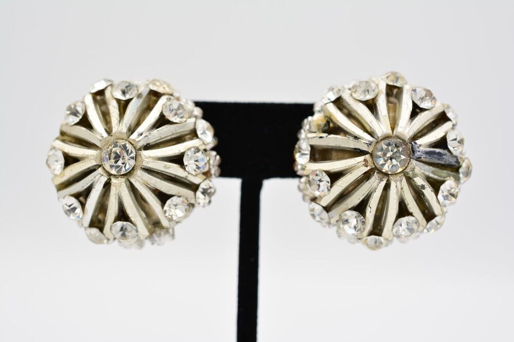 Vintage Crystal Clip Earrings Rhinestone Brushed Silver Huggie Chunky 80s BinAB